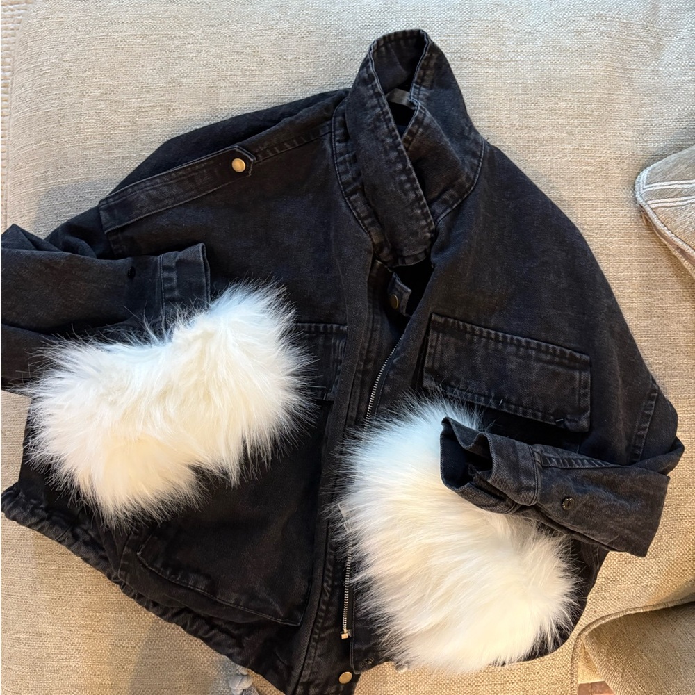 Nasty Gal Black Denim Jacket with White Fur Accents